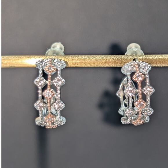 PAJ 925 Sterling Rose & Silver CZ Fancy Half Hoop Earrings - Picture 7 of 7